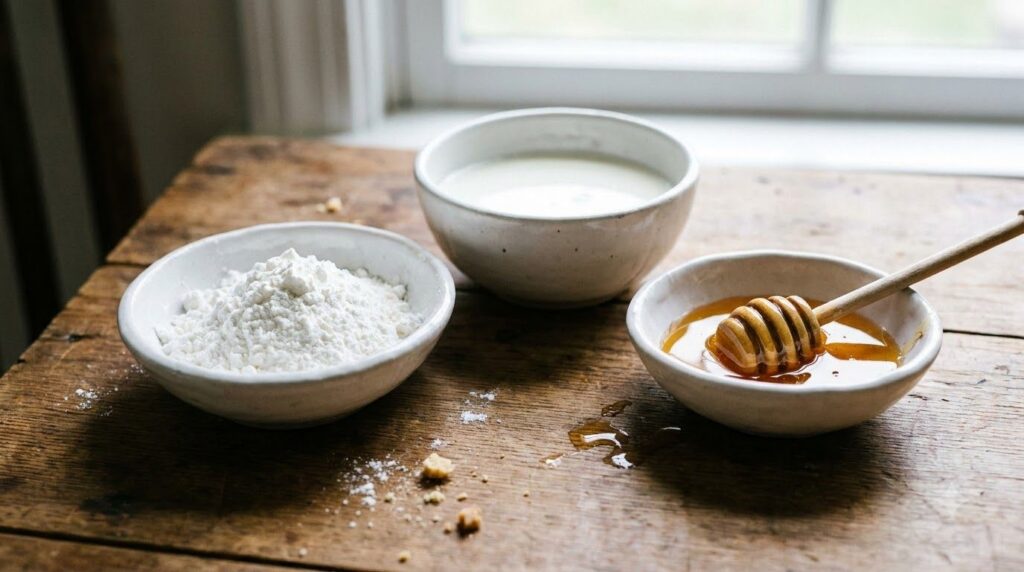 Three small bowls containing cornstarch milk and honey neatly arranged on a rustic wooden table