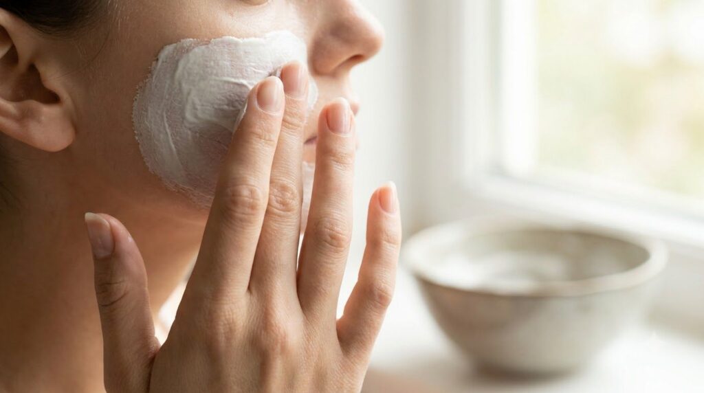 Close-up of a woman s hand gently applying a smooth creamy face mask to her cheek