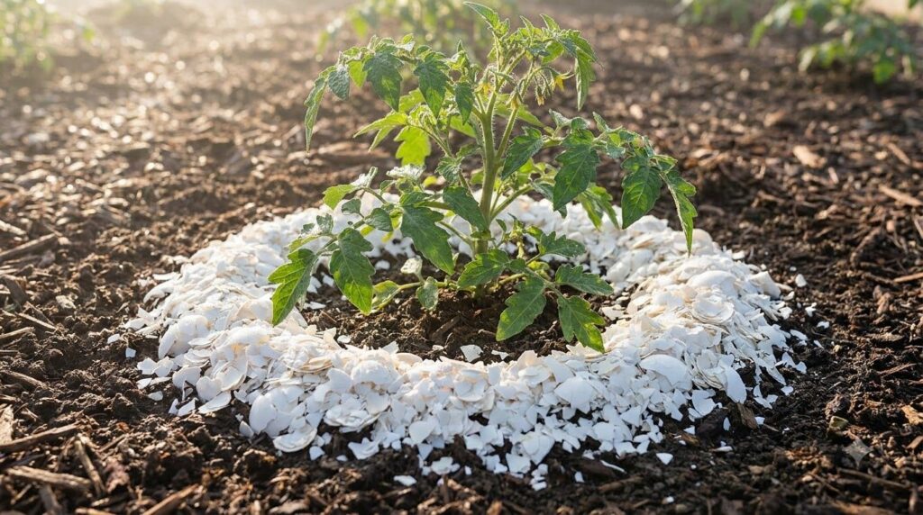 A pile of crushed eggshells placed around the base of a tomato plant in a garden bed