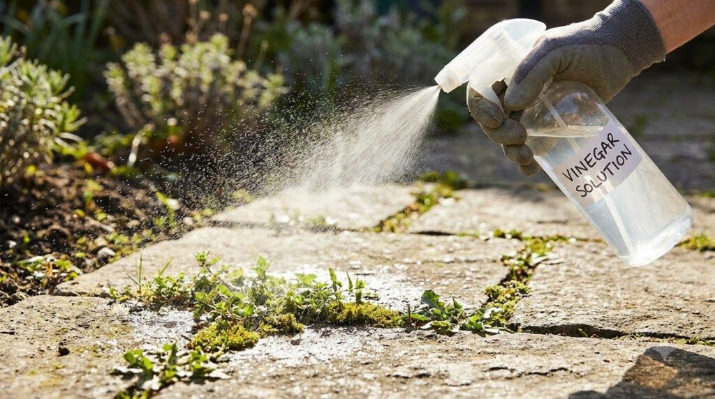A hand holding a spray bottle filled with a vinegar solution spraying weeds between paving stones