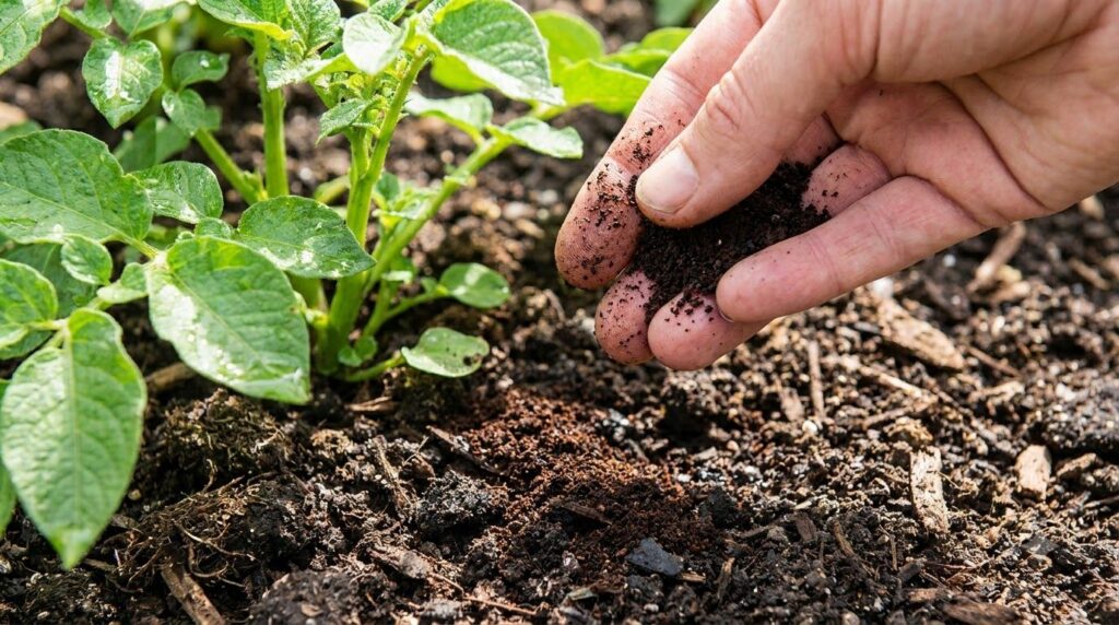 Close-up of coffee grounds being sprinkled onto garden soil around a green plant