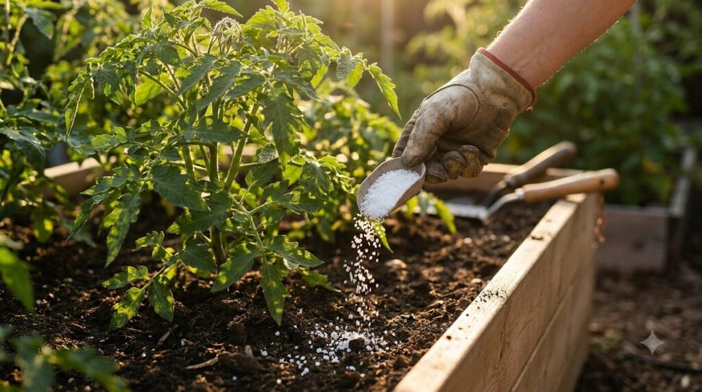 A hand sprinkling white Epsom salt granules around a plant with green leaves in a garden