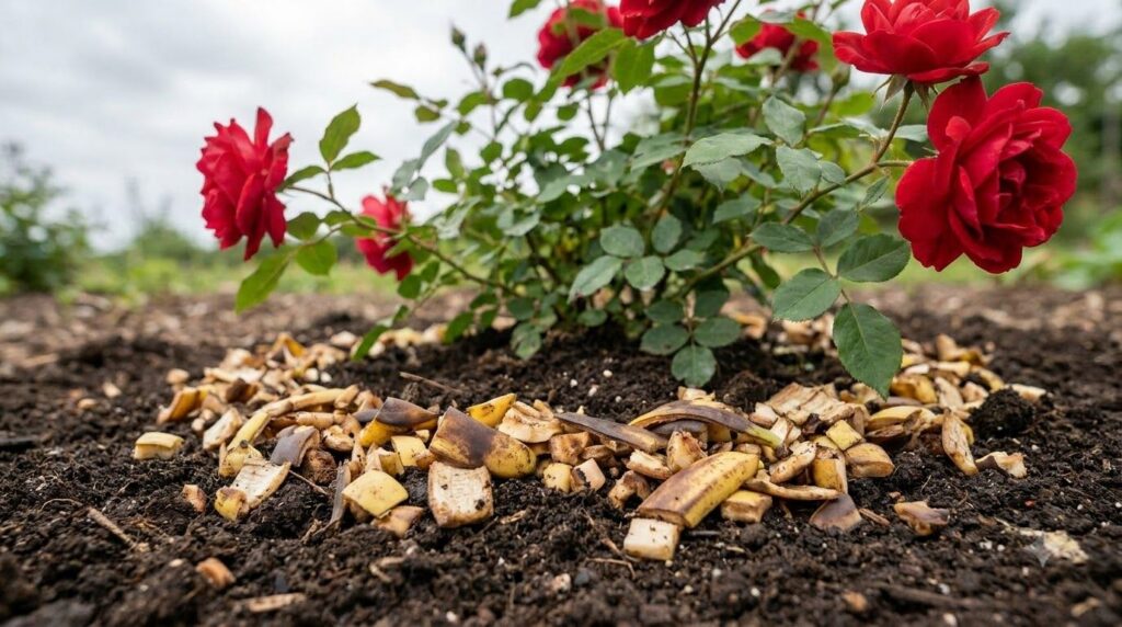 Chopped banana peels mixed into garden soil around the base of a rose bush