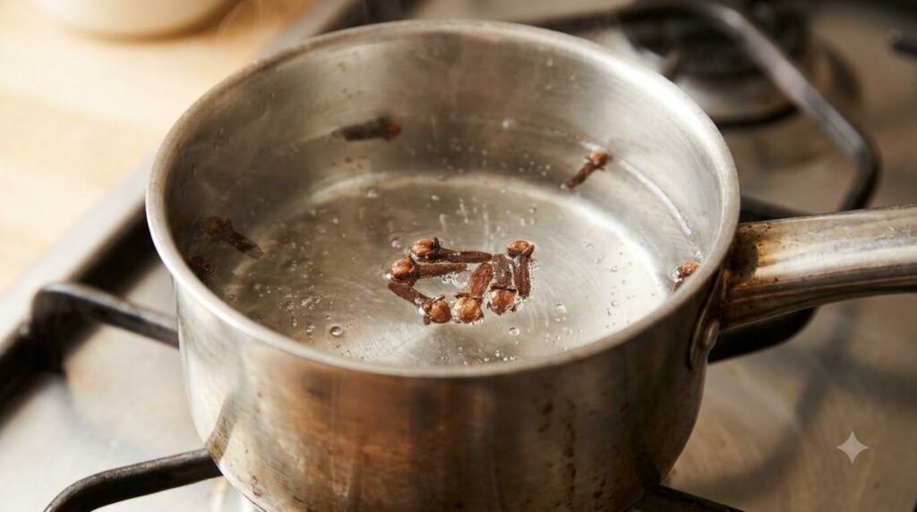 Whole cloves simmering in a small saucepan with water creating an infusion