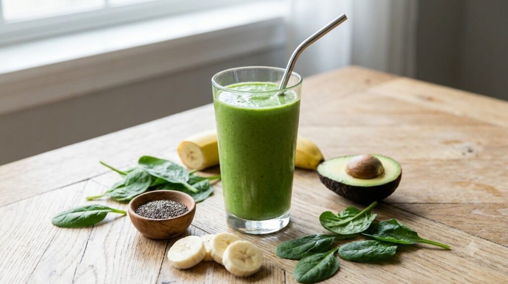 A vibrant green smoothie in a glass with a straw surrounded by fresh ingredients like spinach banana and chia seeds on a