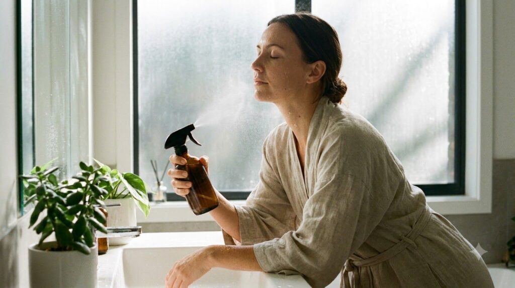 A woman gently misting her face with a DIY spray bottle her eyes closed in a moment of refreshing skincare