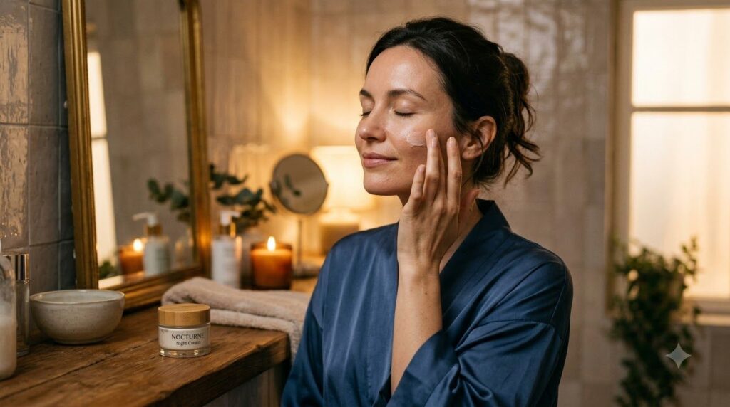 A woman gently applying a small amount of night cream to her face eyes closed with a soft glowing complexion in a serene