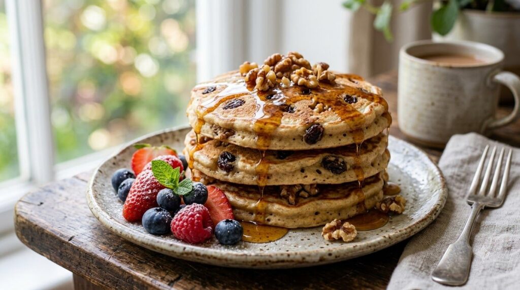 A stack of fluffy vegan pancakes with walnuts and raisins drizzled with maple syrup served on a rustic plate with fresh 