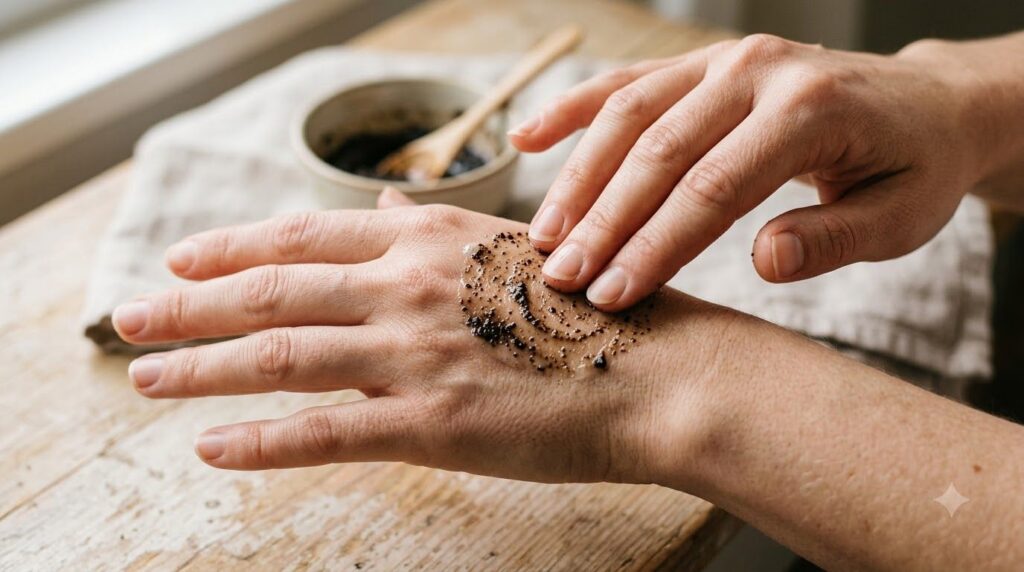 A person s hand gently applying a small amount of the coffee and Vaseline scrub to the back of the other hand demonstrat
