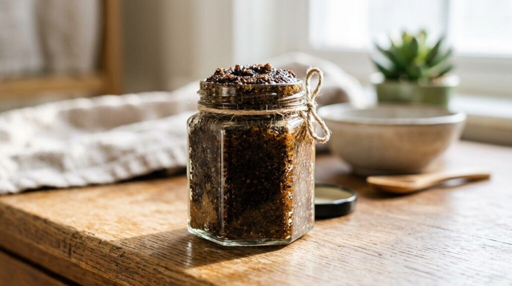 A small clean glass jar filled with a homemade scrub consisting of beige petroleum jelly and dark brown coffee grounds w