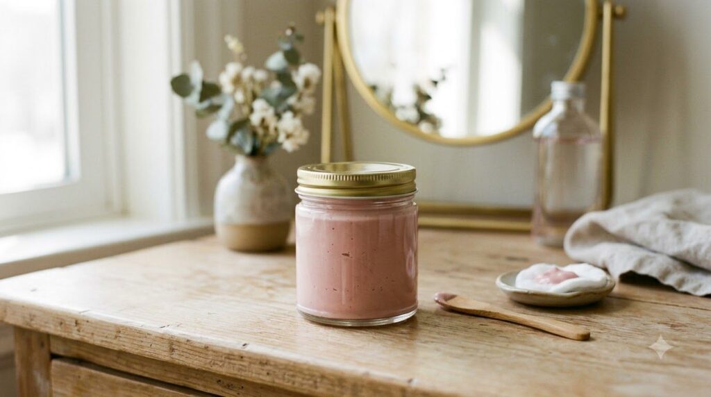 A small clean jar filled with the freshly mixed pink calamine skin elixir with a soft smooth texture placed on a light v