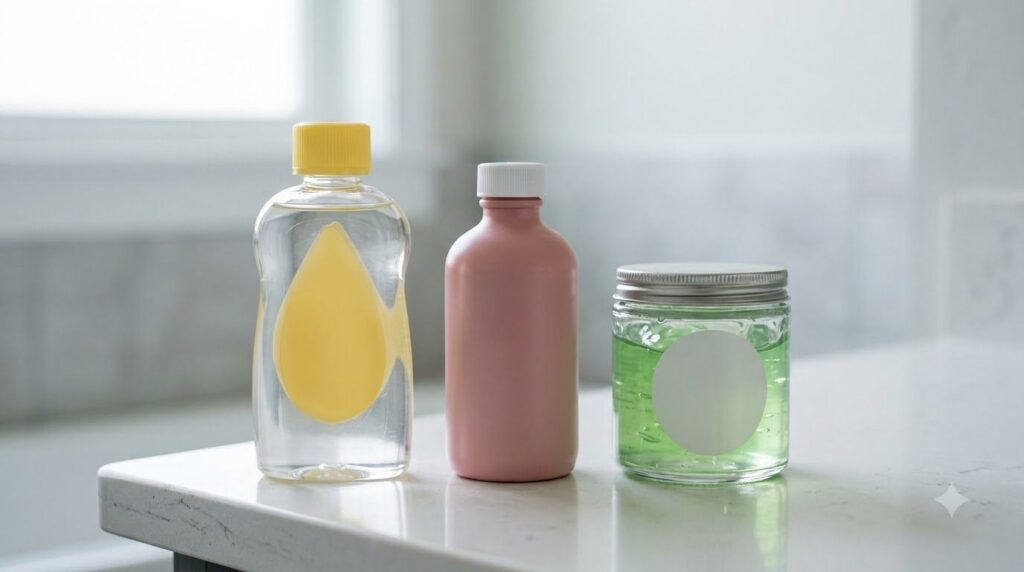 Individual ingredients a bottle of Johnson s baby oil a bottle of calamine lotion and a jar of clear aloe vera gel neatl