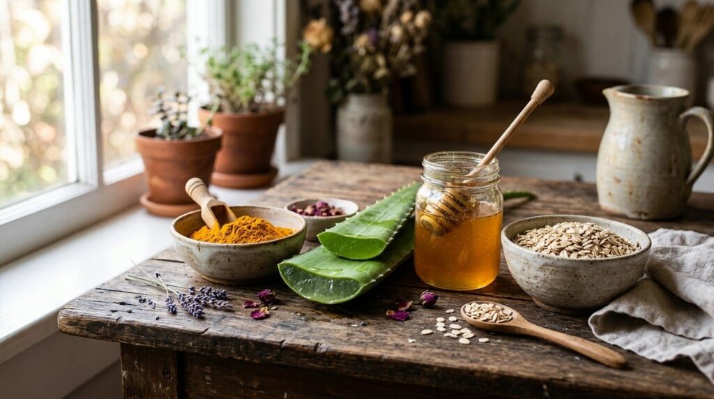 A collection of natural beauty ingredients on a rustic wooden table a fresh aloe vera leaf a small bowl of golden turmer