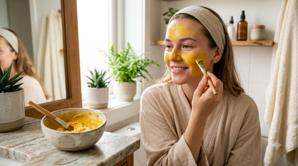 A person gently applying a homemade turmeric and yogurt face mask to their clean skin with a small bowl of the yellow ma