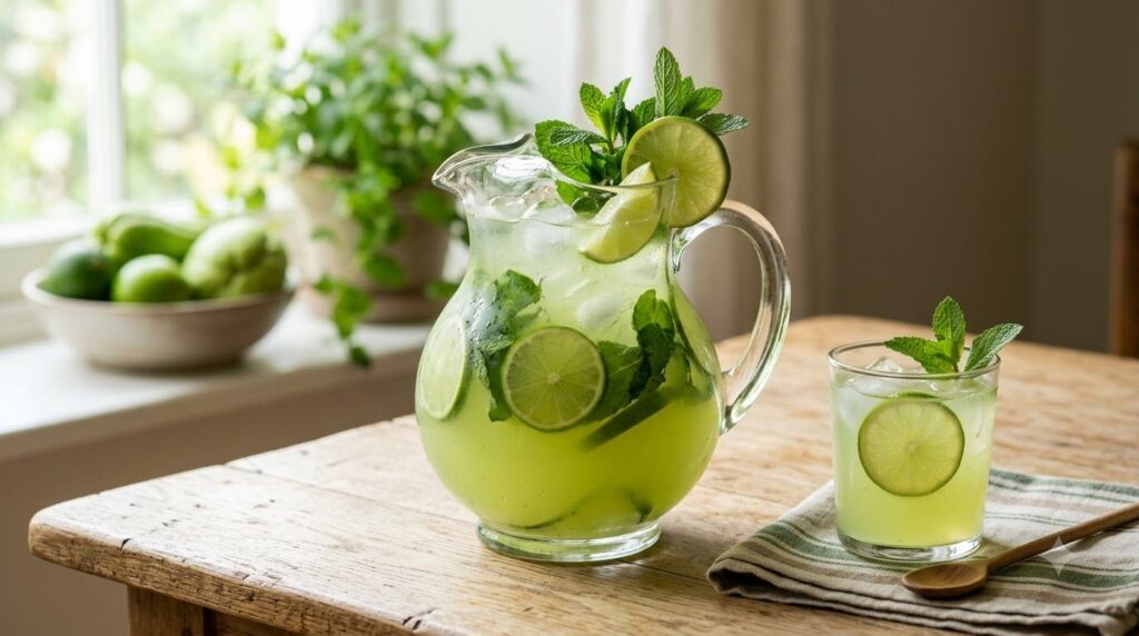 A clear glass pitcher filled with a pale green chayote and lime drink garnished with fresh lime slices and mint leaves p