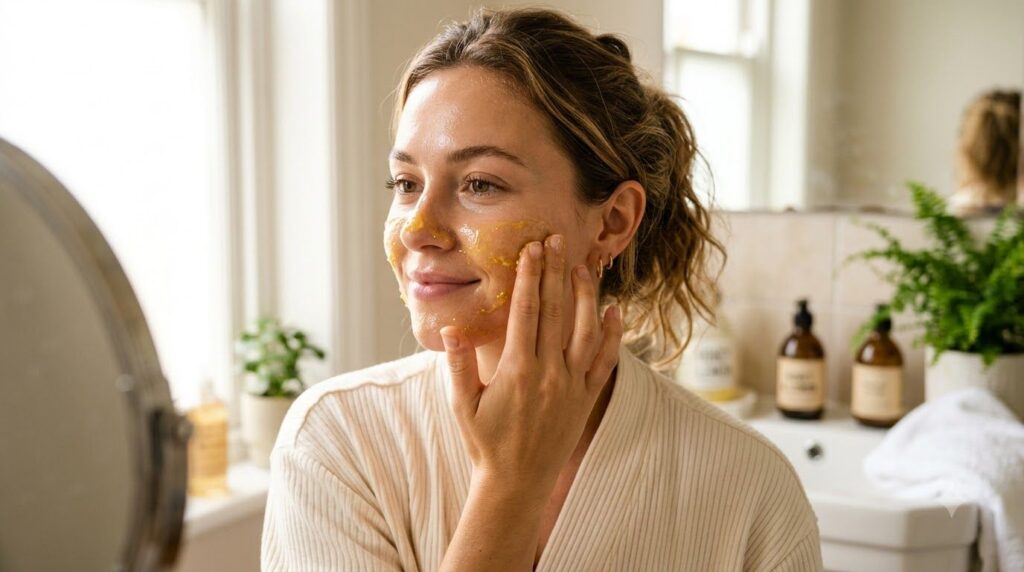 A woman applying a thin layer of honey and lemon mask to her cheek focusing on a dark spot area with a soft natural back