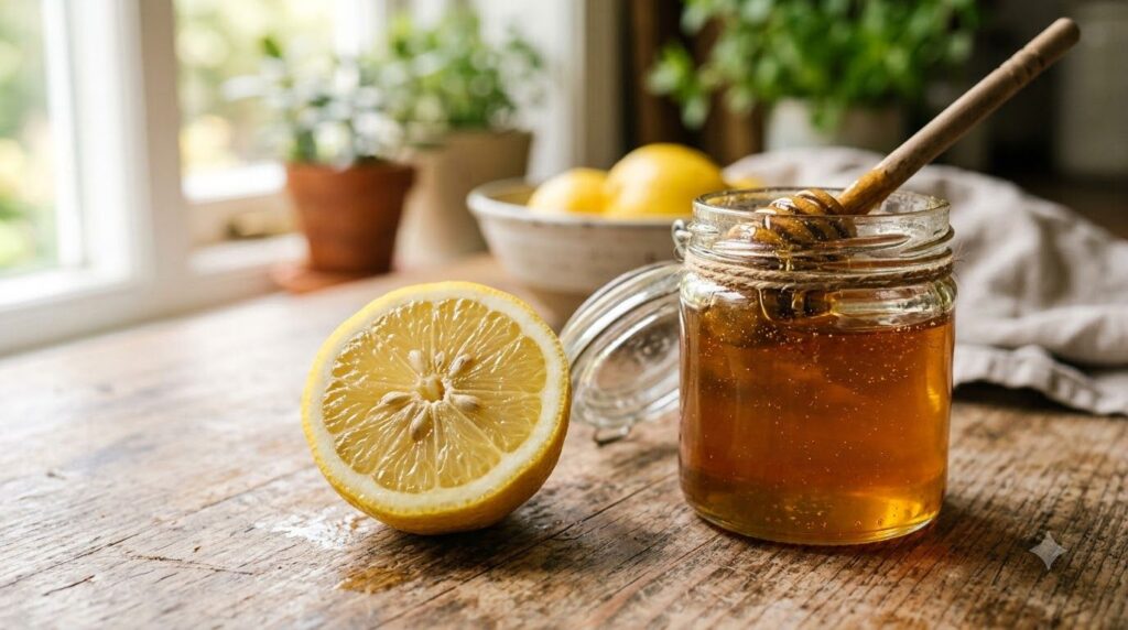 Close-up of a sliced lemon and a jar of honey highlighting the natural ingredients
