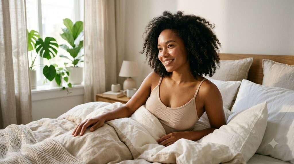 A woman waking up with radiant fresh skin smiling gently in soft morning light showcasing a healthy natural glow