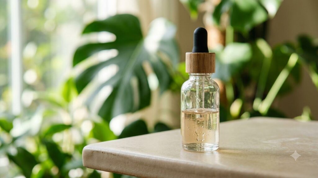 A dropper bottle filled with a clear shimmering homemade serum with a fresh leaf in the background suggesting natural in