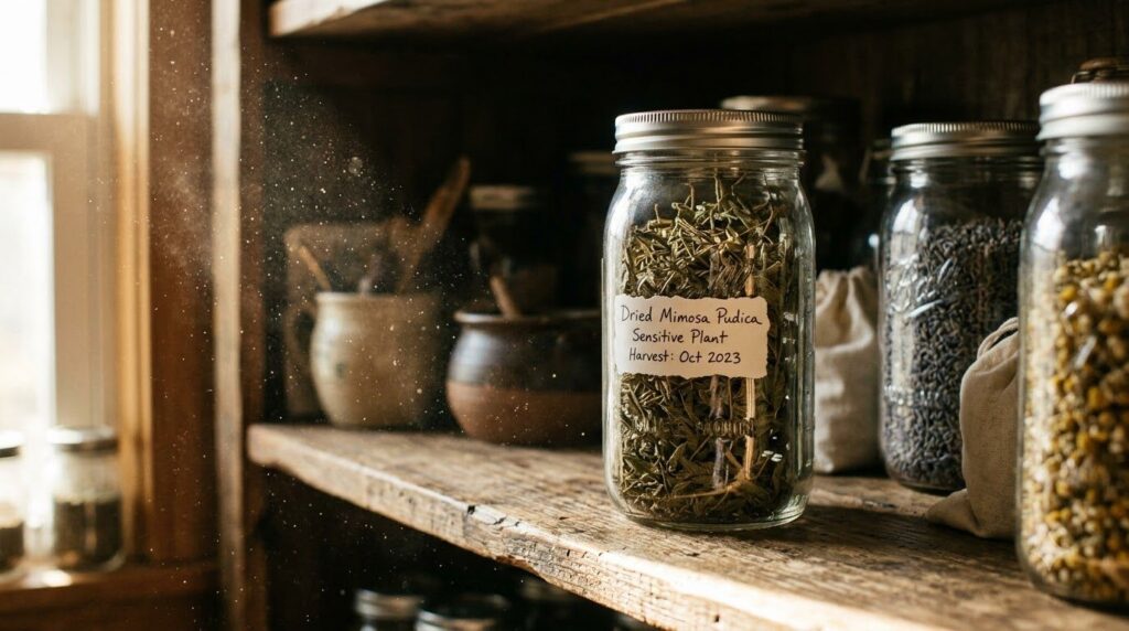 Dried Mimosa pudica leaves in an open glass jar with a label on a wooden shelf in a pantry showing proper storage condit