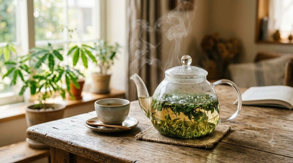 A clear glass teapot with brewing Sensitive Plant Mimosa pudica leaves submerged in hot water steam rising gently The le
