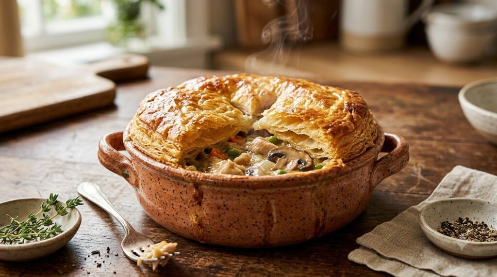 A rustic ceramic ramekin filled with a bubbling creamy mushroom and chicken pot pie topped with a golden flaky puff past