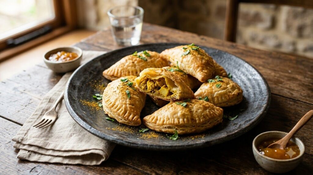 Golden flaky curried chicken puffs shaped like small turnovers dusted with a light sprinkle of curry powder arranged on