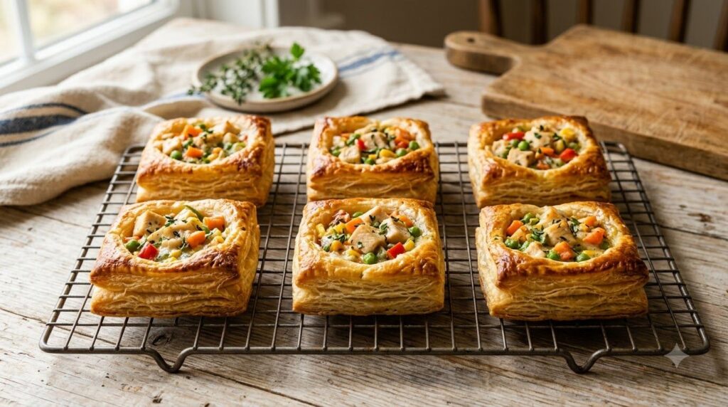 Flaky golden-brown puff pastry squares filled with a savory chicken and mixed vegetable mixture arranged on a cooling ra