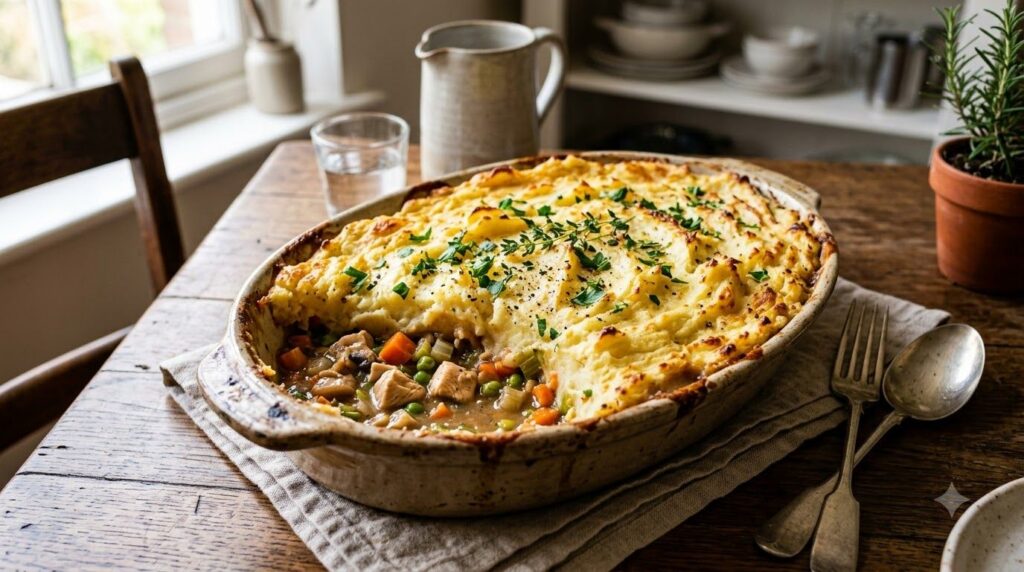 A hearty chicken and vegetable shepherd s pie baked in a rustic ceramic dish topped with a golden fluffy mashed potato c