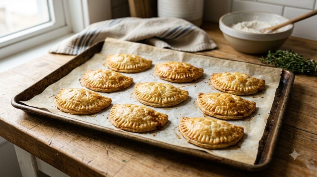 Several golden-brown mini chicken hand pies shaped like empanadas arranged neatly on a parchment-lined baking sheet They