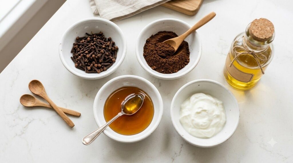 Various small bowls containing whole cloves ground cloves honey yogurt and a small bottle of carrier oil neatly arranged