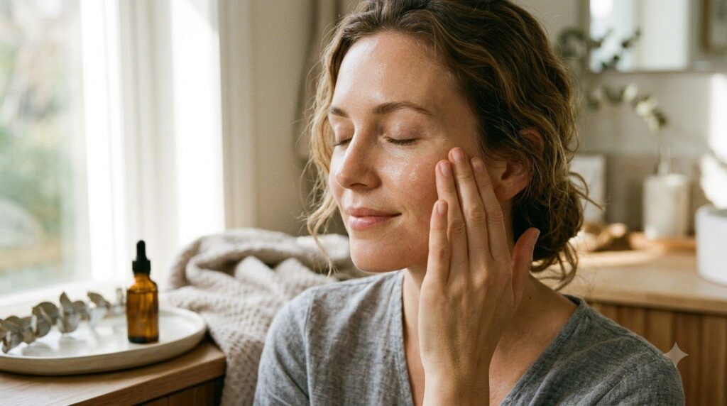 A woman gently applying a facial oil to her cheek with her fingertips showing a glowing healthy complexion