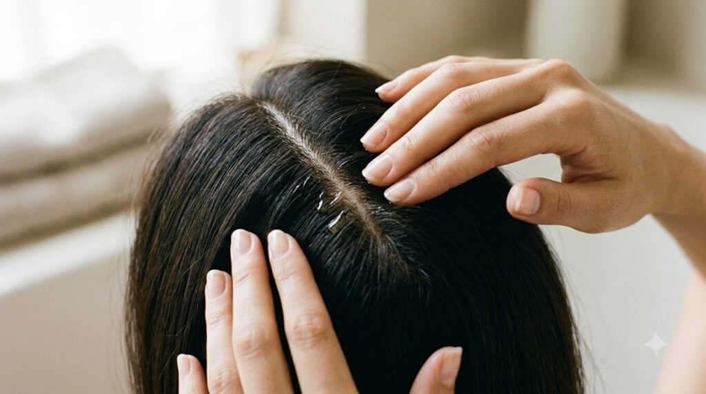 Close-up shot of hands gently massaging a few drops of oil into a scalp with parted hair demonstrating the application m