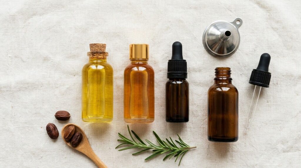 A flat lay of the ingredients for the hair oil small bottles of jojoba oil vitamin E oil and rosemary essential oil alon