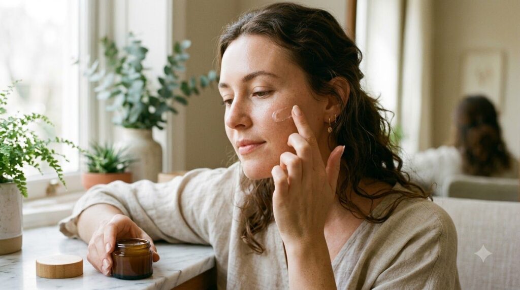 A woman s hand gently applying a small amount of the Vaseline and Vitamin E balm to her cheek
