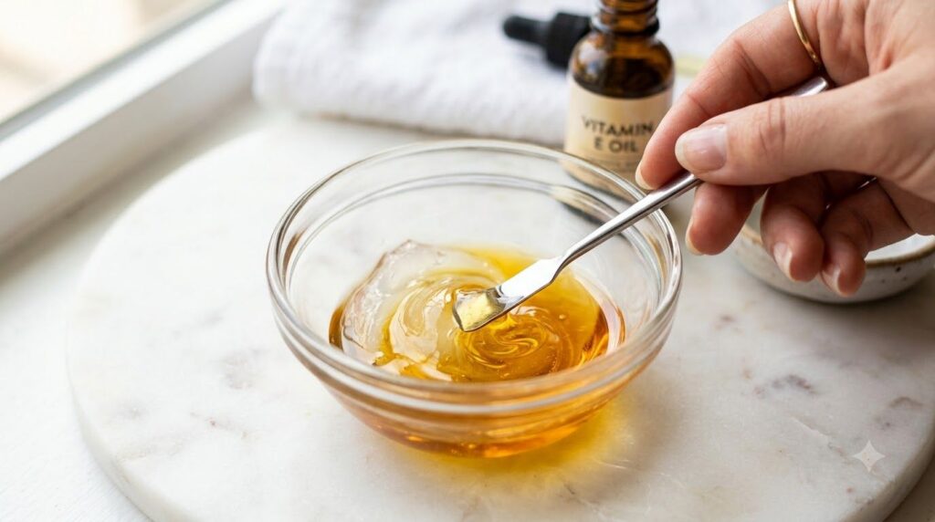 Close-up of a small glass bowl with Vaseline and Vitamin E oil being mixed with a tiny spatula