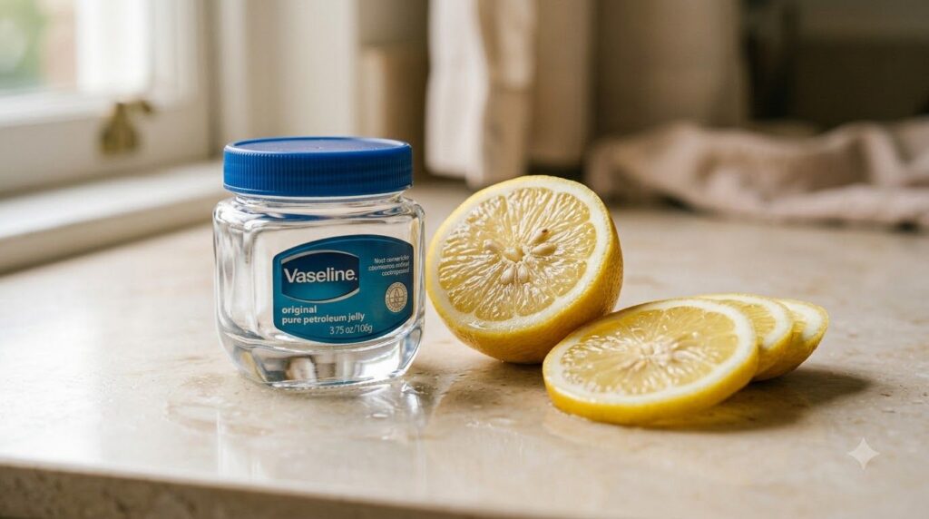Close-up shot of a small glass jar of Vaseline next to a sliced fresh lemon on a clean light-colored surface emphasizing