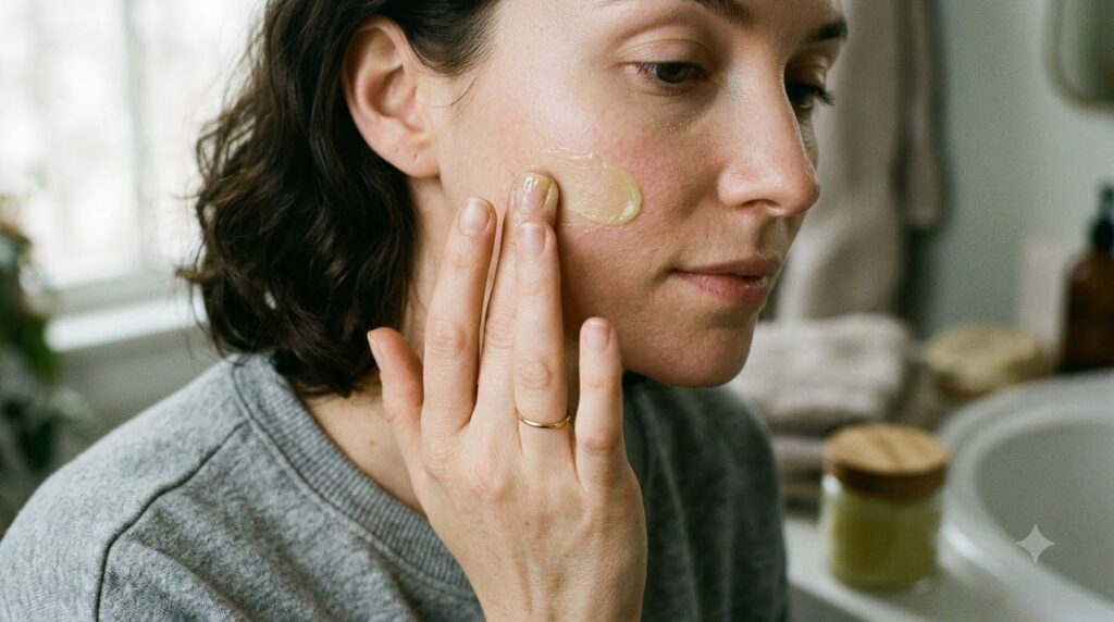 A woman s hand gently applying a thin layer of the mixed Vaseline and lemon balm to her cheek illustrating the applicati