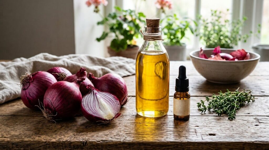 Ingredients for onion oil red onions a bottle of carrier oil like coconut or olive and a small bottle of essential oil