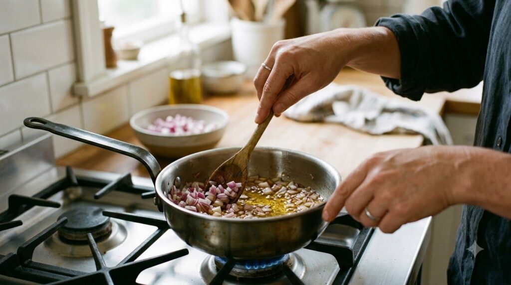 A person gently heating chopped red onions and carrier oil in a saucepan on a stove with a wooden spoon