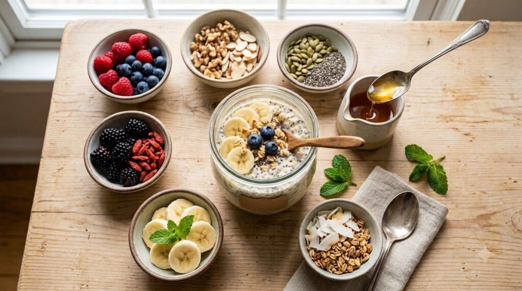 Various toppings for overnight oats displayed in small bowls around a central jar of banana chia overnight oats includin