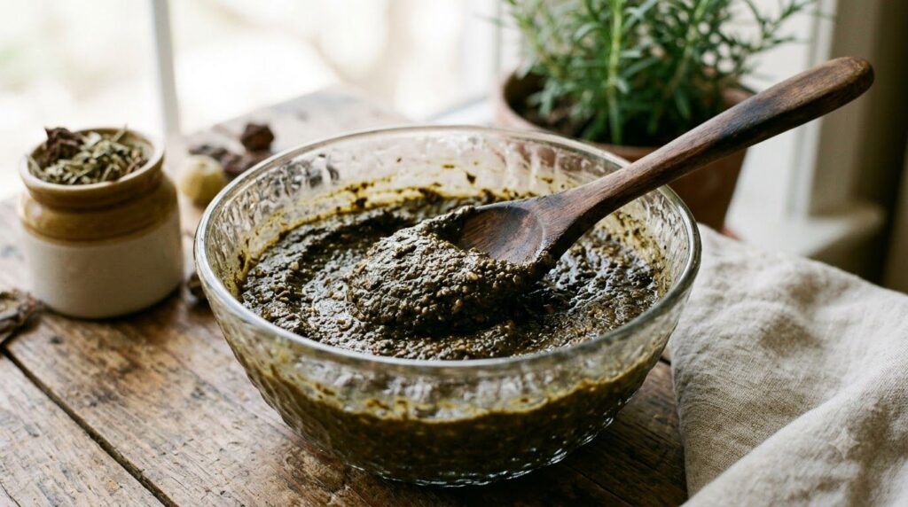 Close-up of a bowl containing a dark herbal hair paste with a mixing spoon