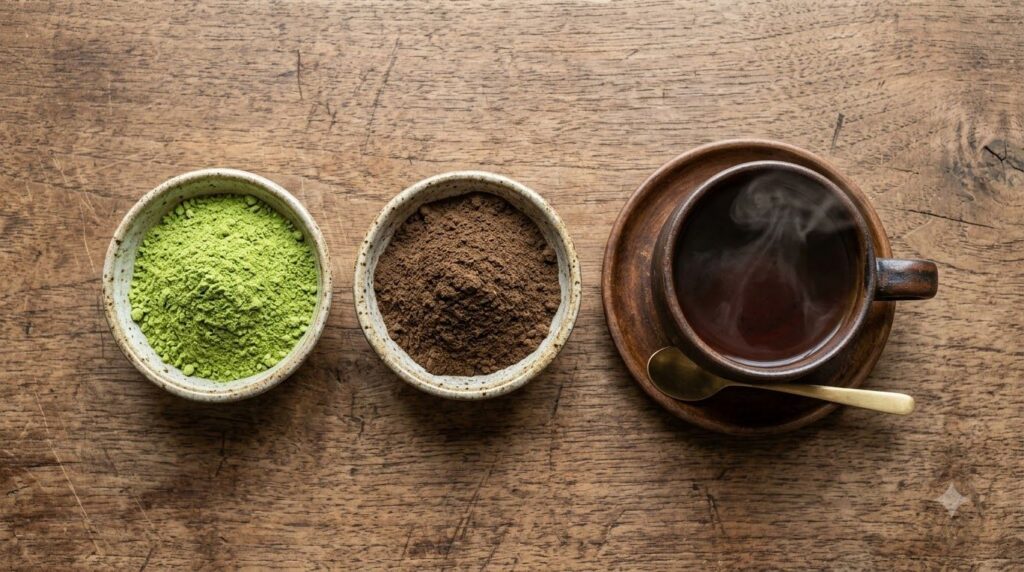 Overhead shot of fresh Amla and Bhringraj powders in separate small bowls alongside a cup of brewed black tea