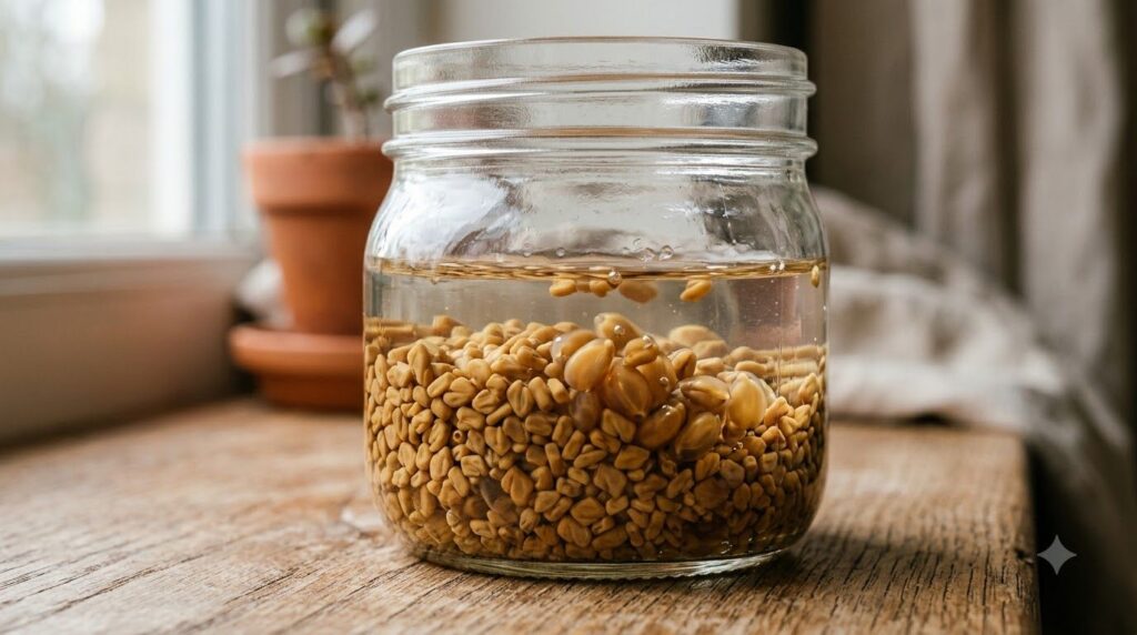 A close-up of fenugreek seeds soaking in water in a clear glass jar with some seeds visibly swollen
