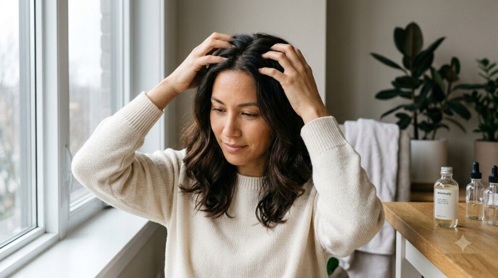 A woman gently massaging the fenugreek hair tonic into her scalp with a focus on her hands and healthy-looking hair
