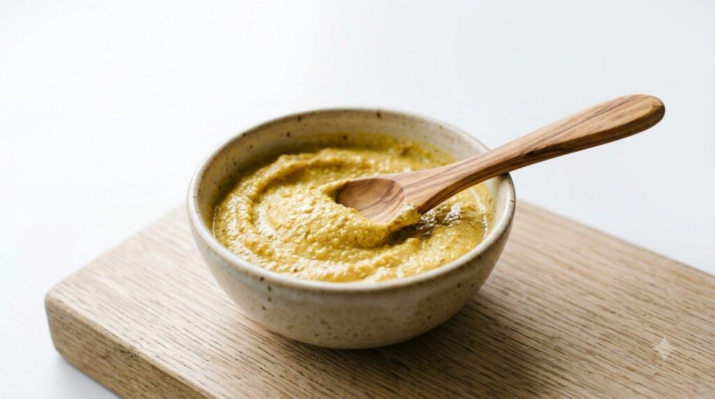 A close-up of a bowl of the mixed yellow face mask with a small spoon or spatula on a light background Soft focus on the