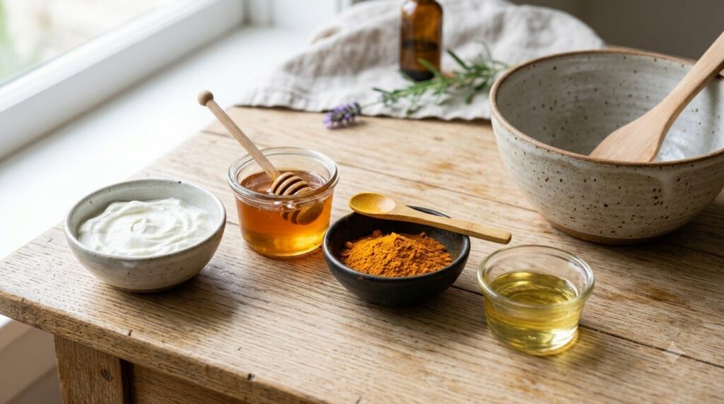 Close-up shot of the ingredients yogurt honey turmeric almond oil in separate small bowls with a mixing bowl ready Brigh