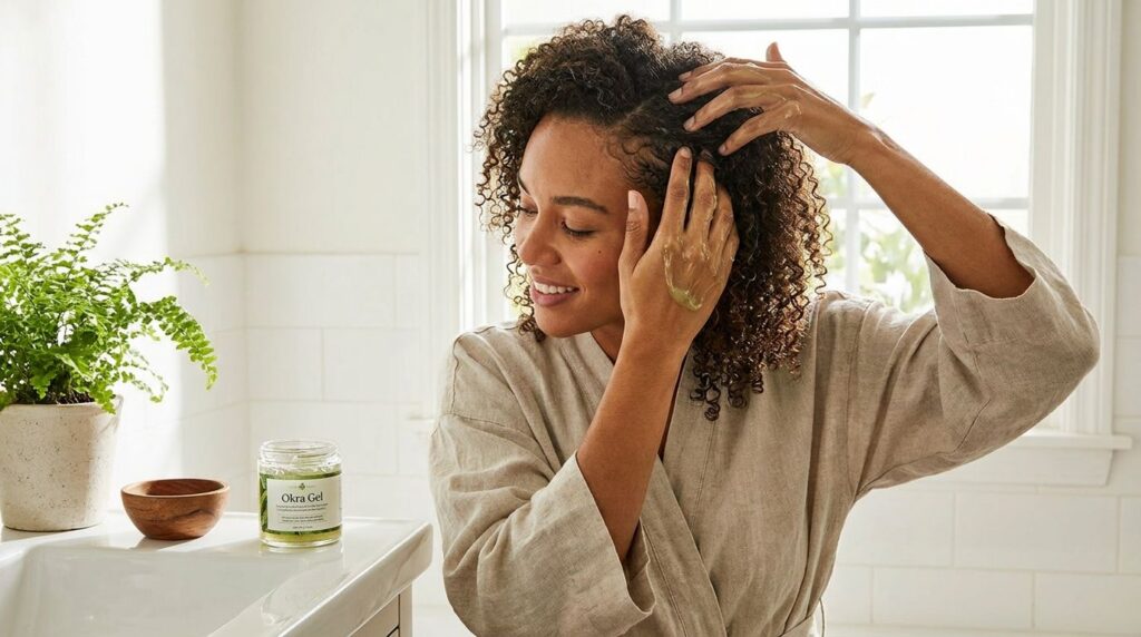 Woman gently massaging okra gel into her scalp and hair