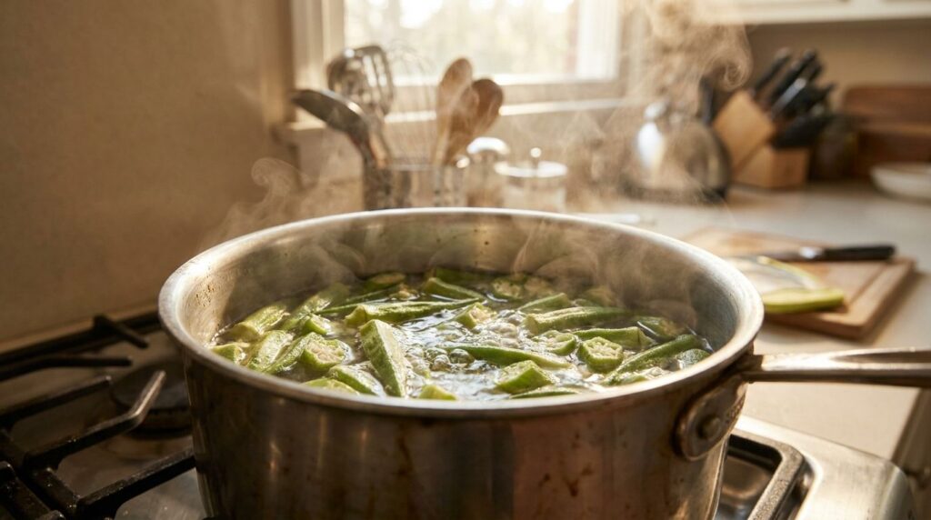 Sliced okra simmering in a pot of water on a stove with steam rising