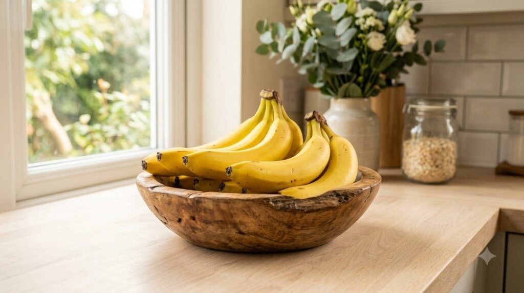 A variety of fresh ripe bananas in a wooden bowl on a natural kitchen counter symbolizing natural ingredients